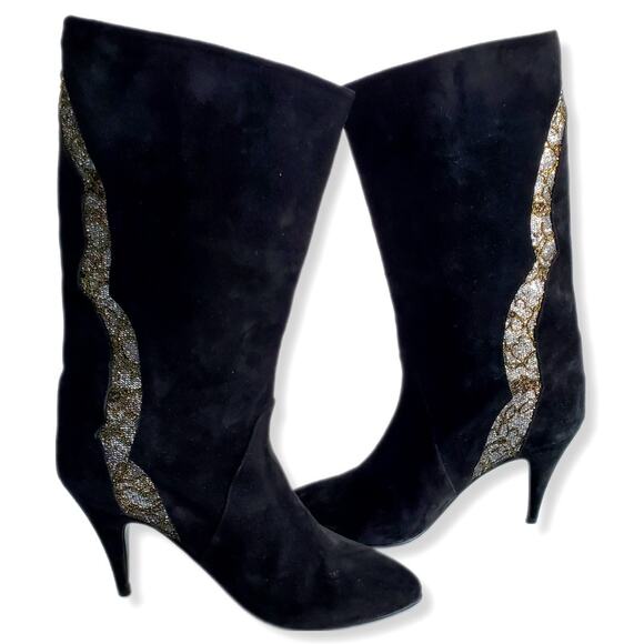 VTG 80s Polly Bergen Black Glitter Suede Boot 8 Heels Italy Glam Slouch Cocktail - Picture 8 of 12